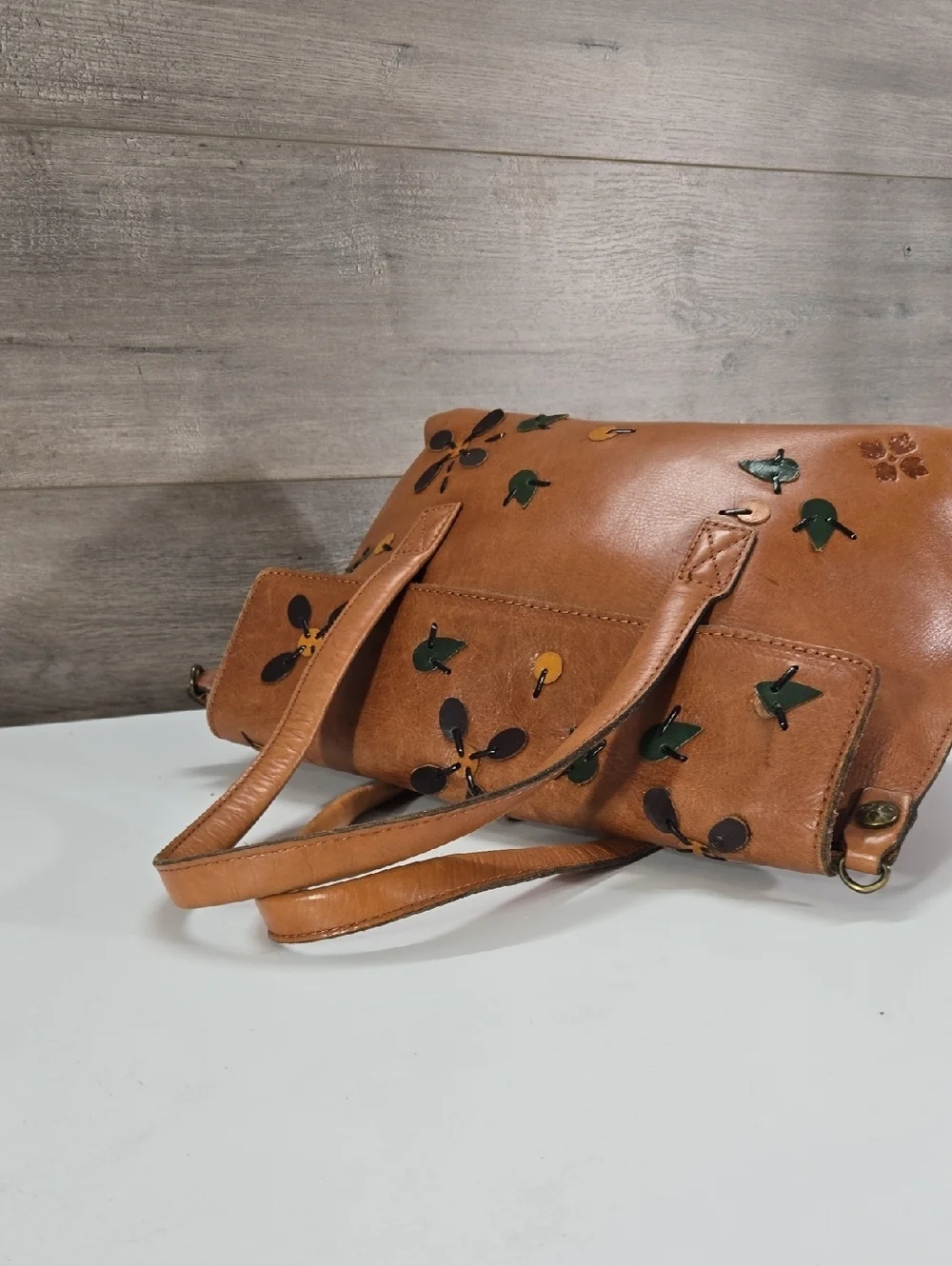 Patricia Nash Floral Appliqué Brown Leather Satchel Shoulder Bag Purse